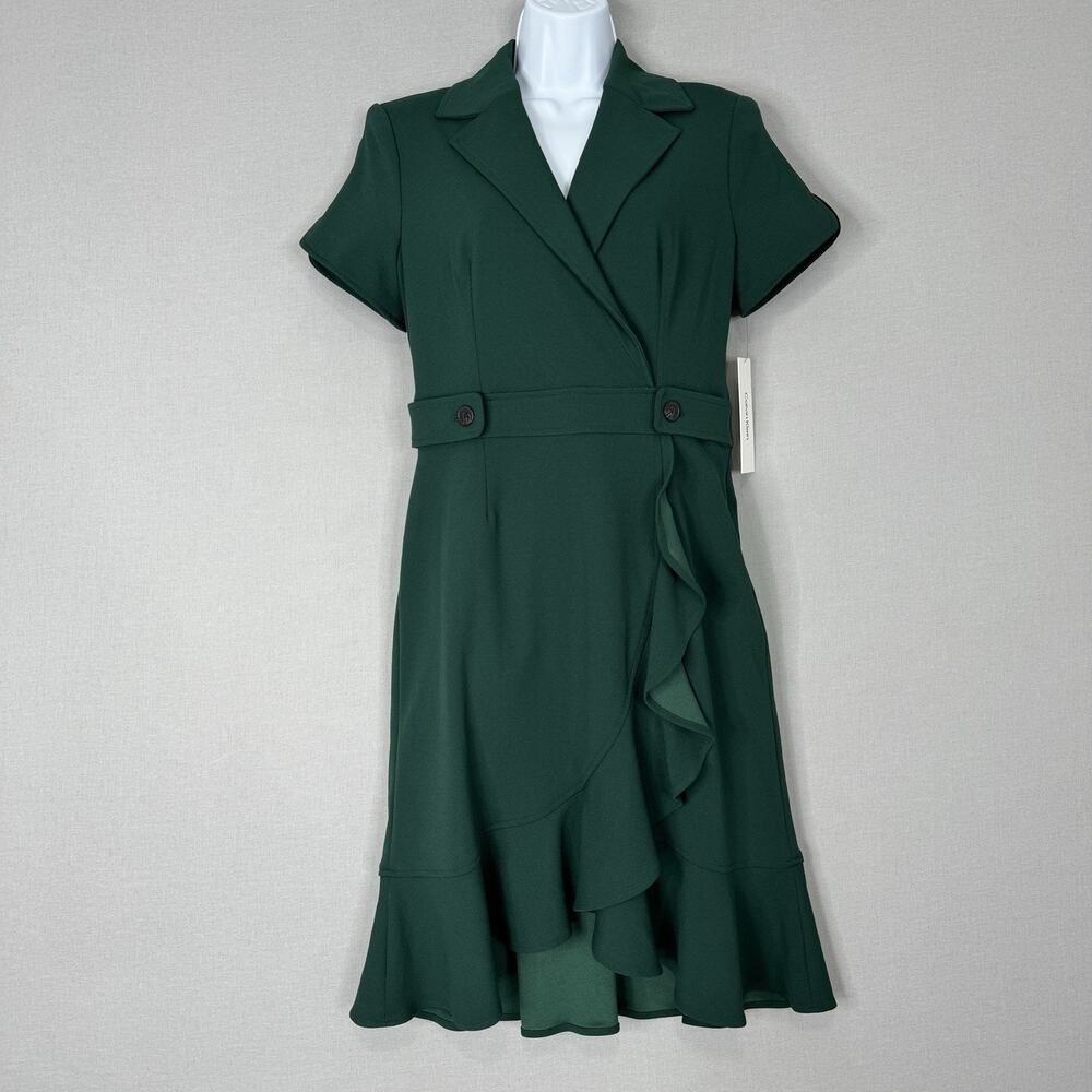 Calvin Klein Womens Dress‎ 6 Green Faux Wrap Collared Ruffle Belted Career Party